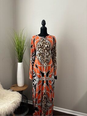 Orange Animal Print Long Sleeve Maxi Dress
